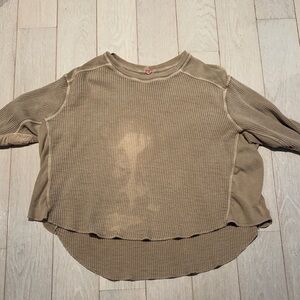 Free People Olive/Tan Waffle Thermal Long Sleeve Top